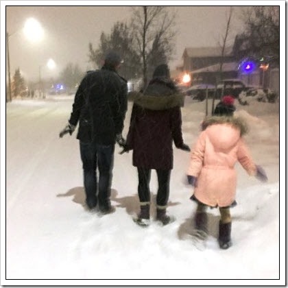 penguin walk in the snow, wearing hats